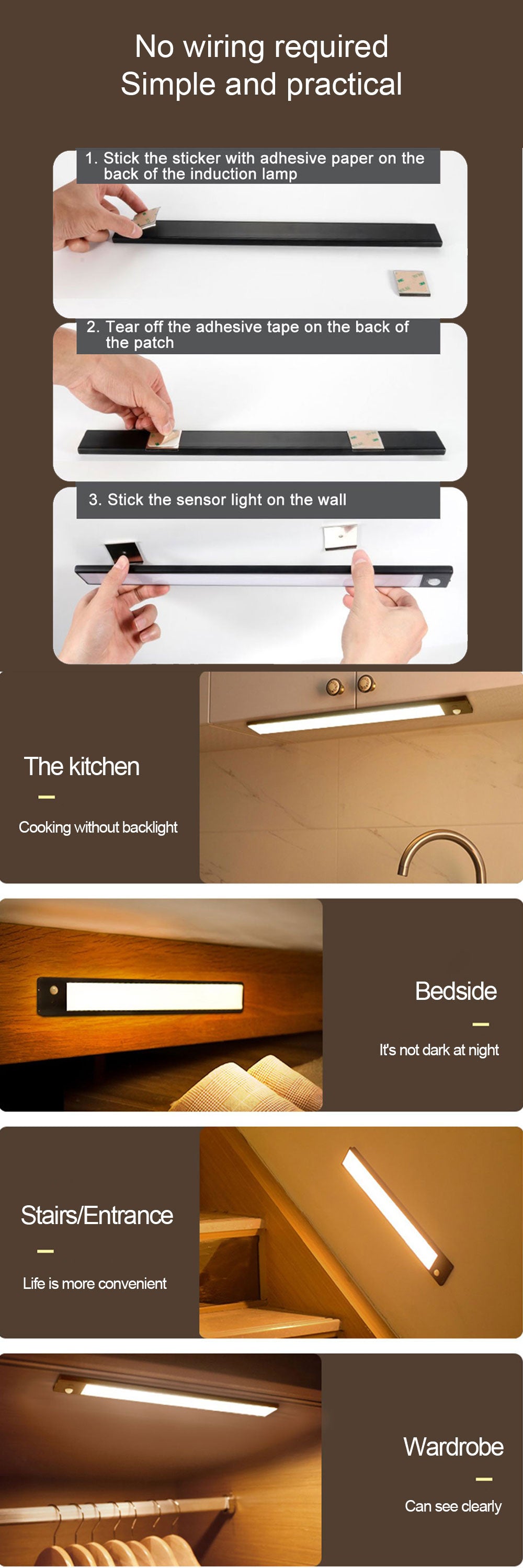 LED Motion Sensor Cabinet Light,Under Counter Closet Lighting, Wireless USB Rechargeable Kitchen Night Lights,Battery Powered Operated Light,54-LED Light for Wardrobe,Closets,Cabinet,Cupboard