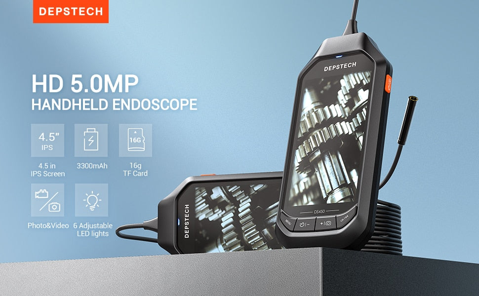 DEPSTECH Inspection Endoscopic Camera 2.0MP 5.0MP Video Screen Industrial Endoscope with 32GB 6 LED for Car Sewer Checking
