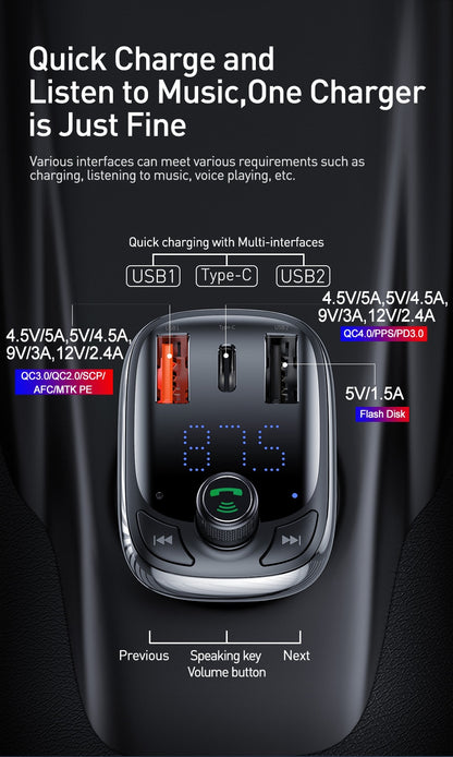 FM Transmitter Bluetooth 5.0 Handsfree Car Kit Audio MP3 Player W