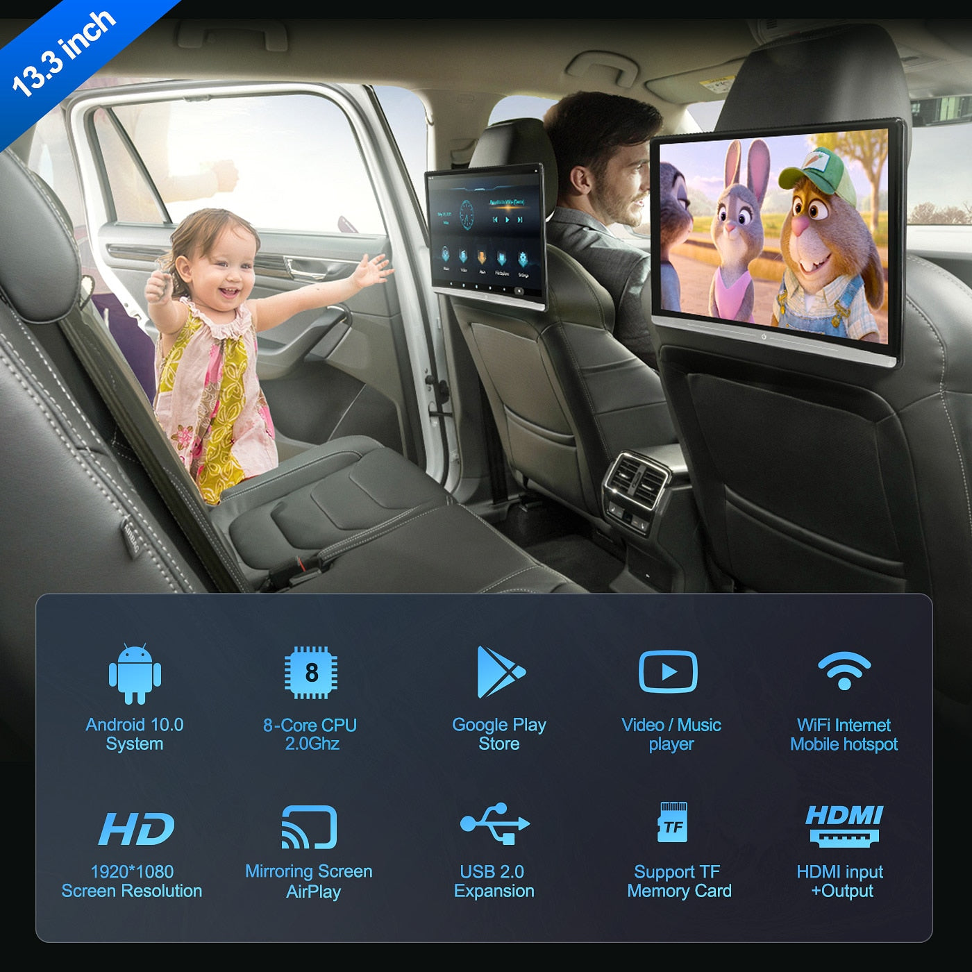 Ainavi 13.3 Inch Headrest TV 4K Car Monitor Android 10.0 Multifunction Tablet Touch Screen WiFi/Bluetooth/USB/SD/HDMI in out FM